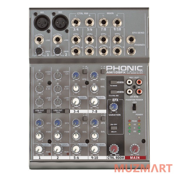 Phonic AM105FX Микшерный пульт, имеющий 2 сбалансированных Mic/Line входа