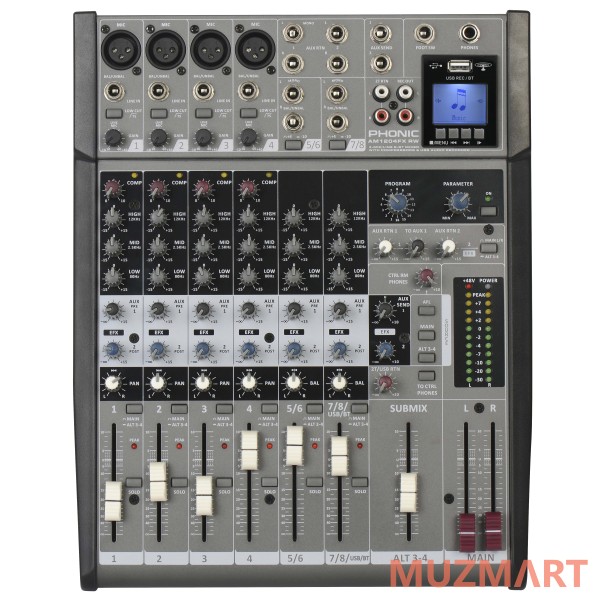 Phonic AM1204FX RW Микшерный пульт, 4 mic/line каналами, с двумя линейными стерео входами.